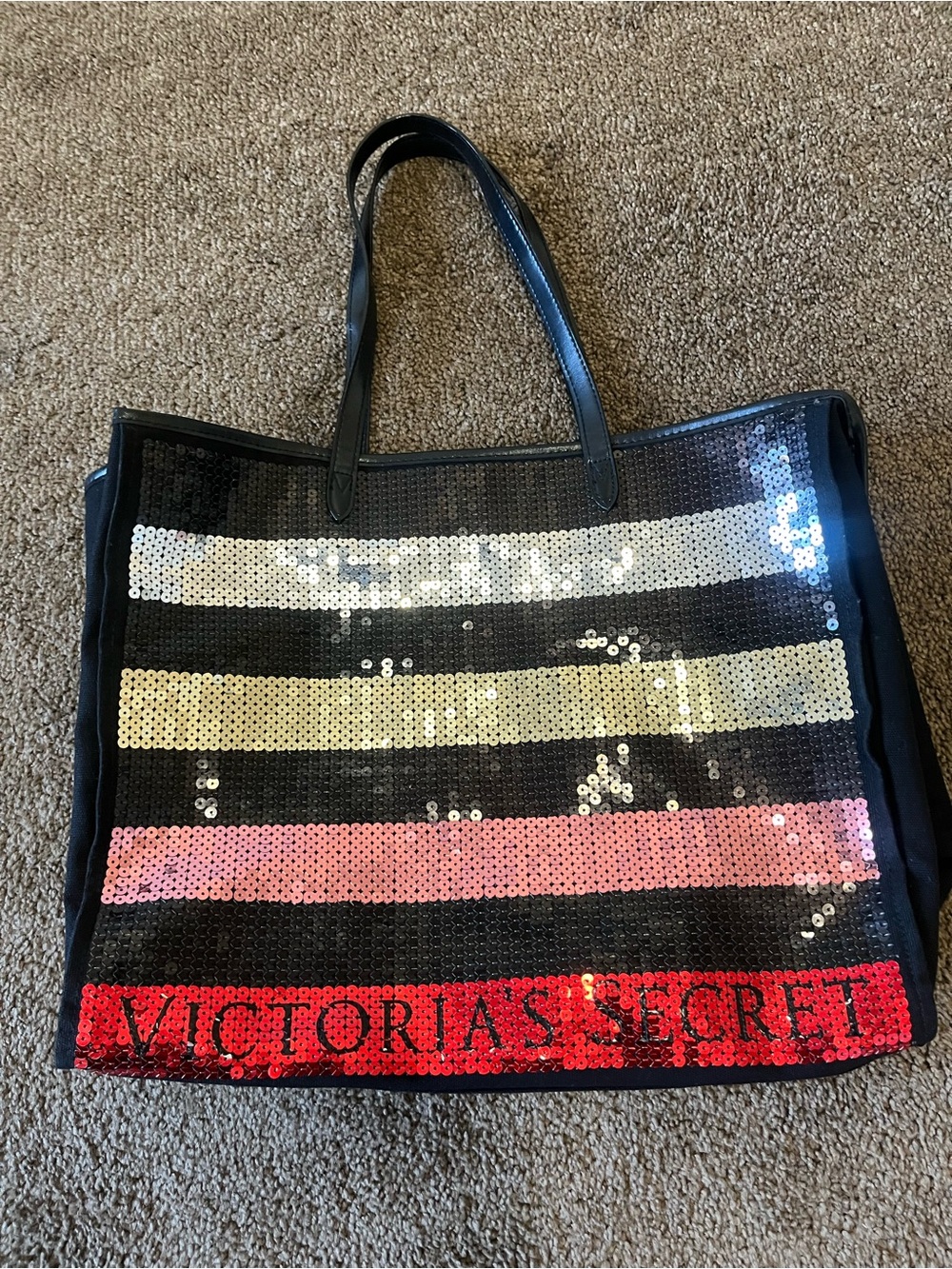 Victoria's Secret Black Sequin Stripe Tote with Multicolor Bands